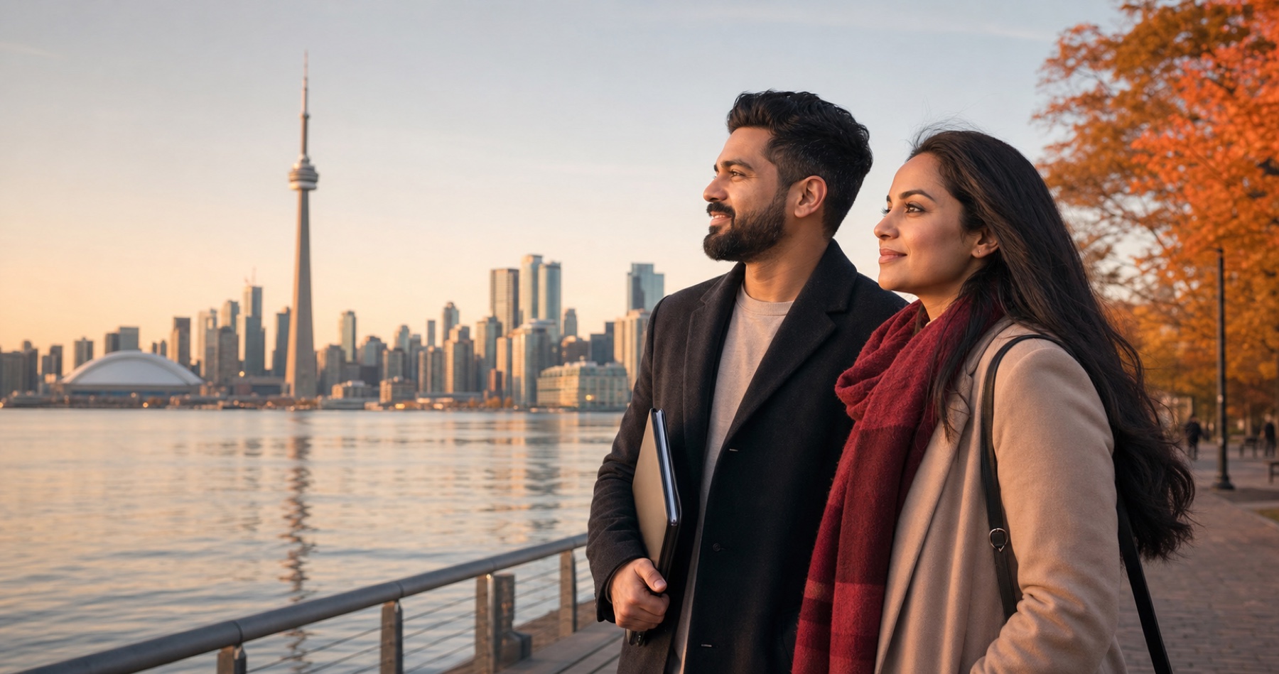 A couple looking toward the Toronto skyline as they begin their journey in Canada