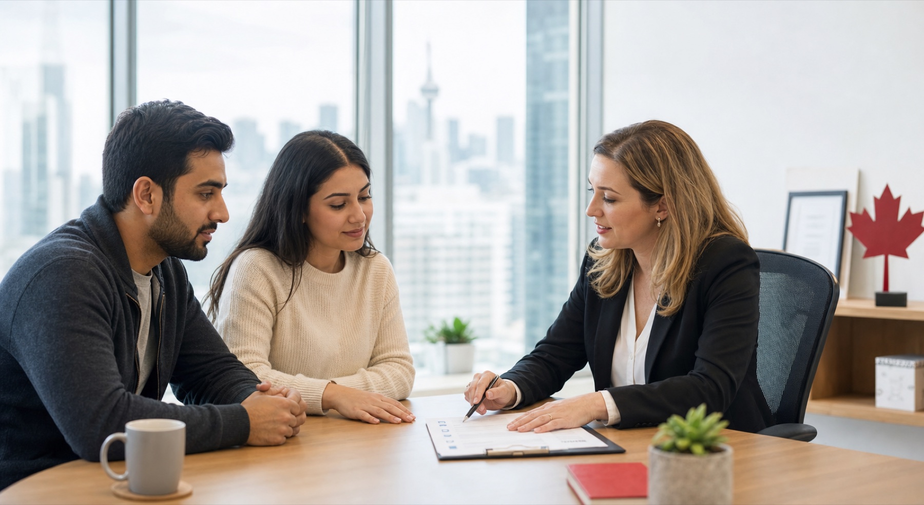 An immigration professional reviewing options with clients in a Toronto office